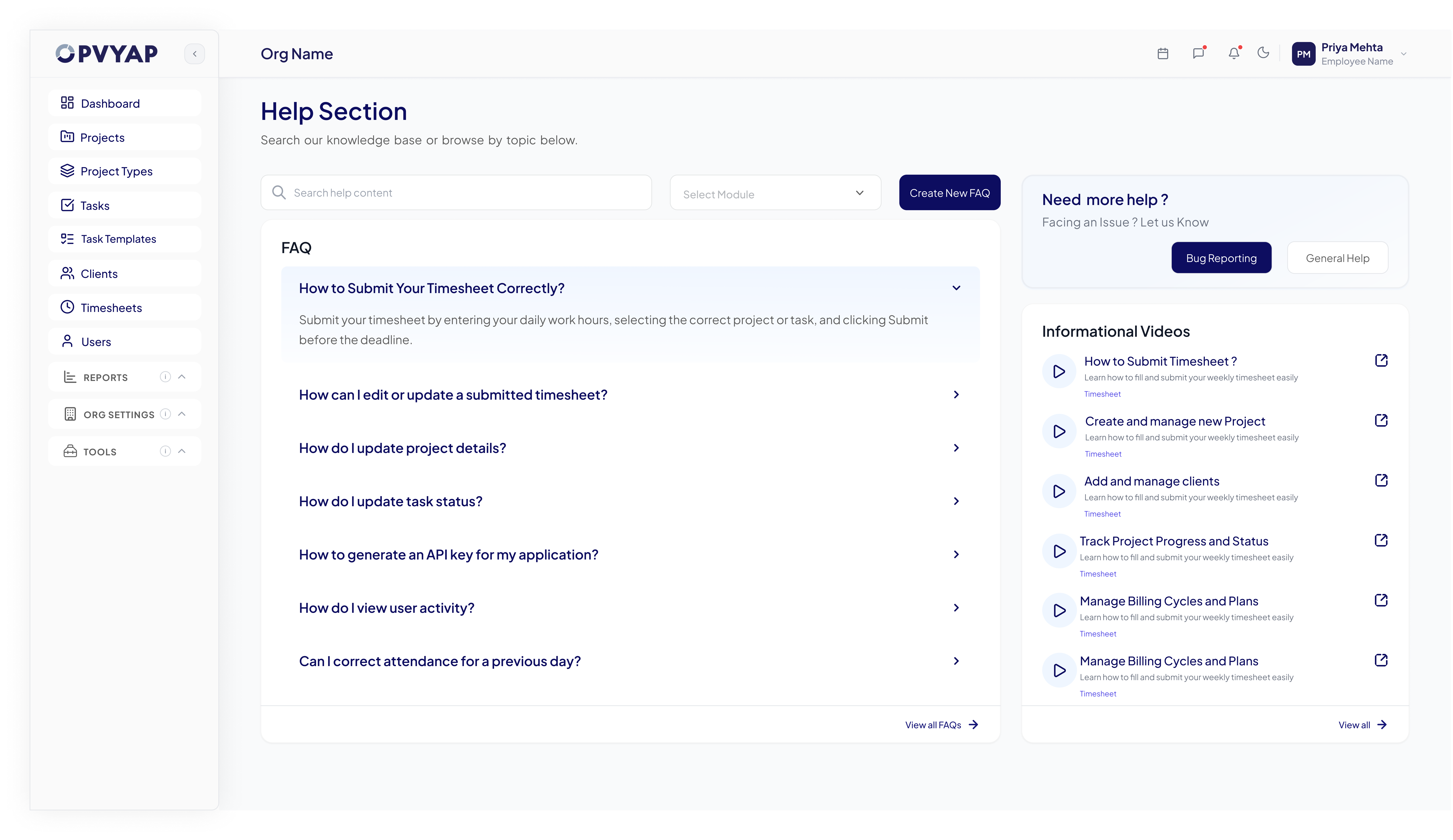 OpVyap Help Center dashboard preview